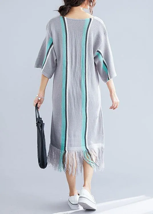 100% gray tassel cotton Tunic v neck loose Dresses