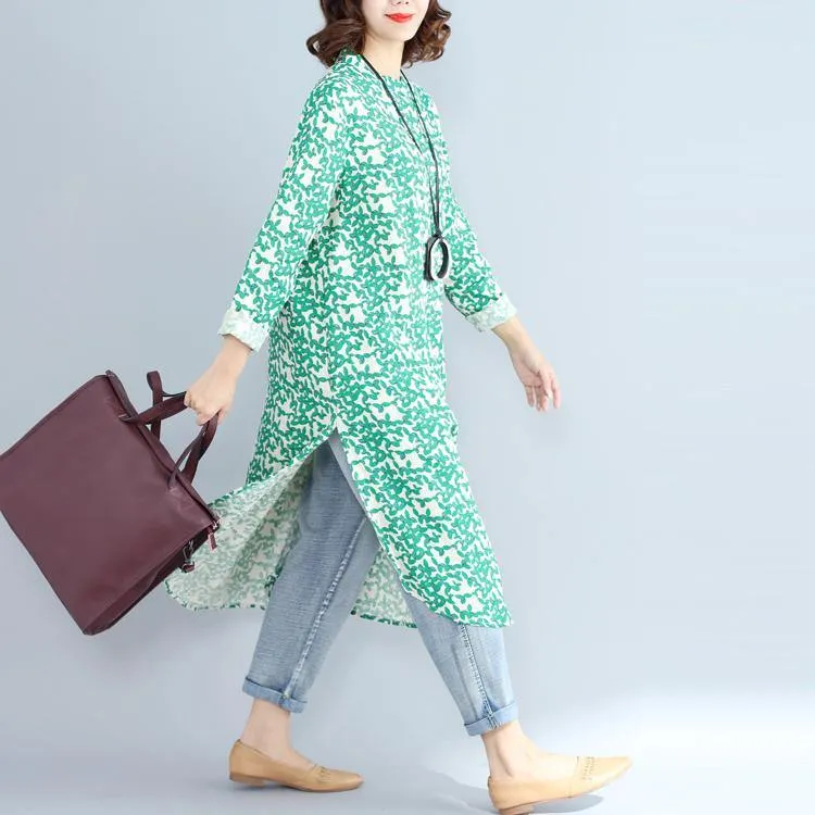 2018green print long cotton linen dresses plus size clothing Stand cotton linen gown casual long sleeve side open baggy dresses