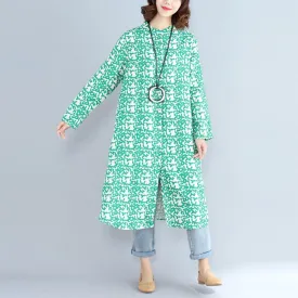 2018green print long cotton linen dresses plus size clothing Stand cotton linen gown casual long sleeve side open baggy dresses