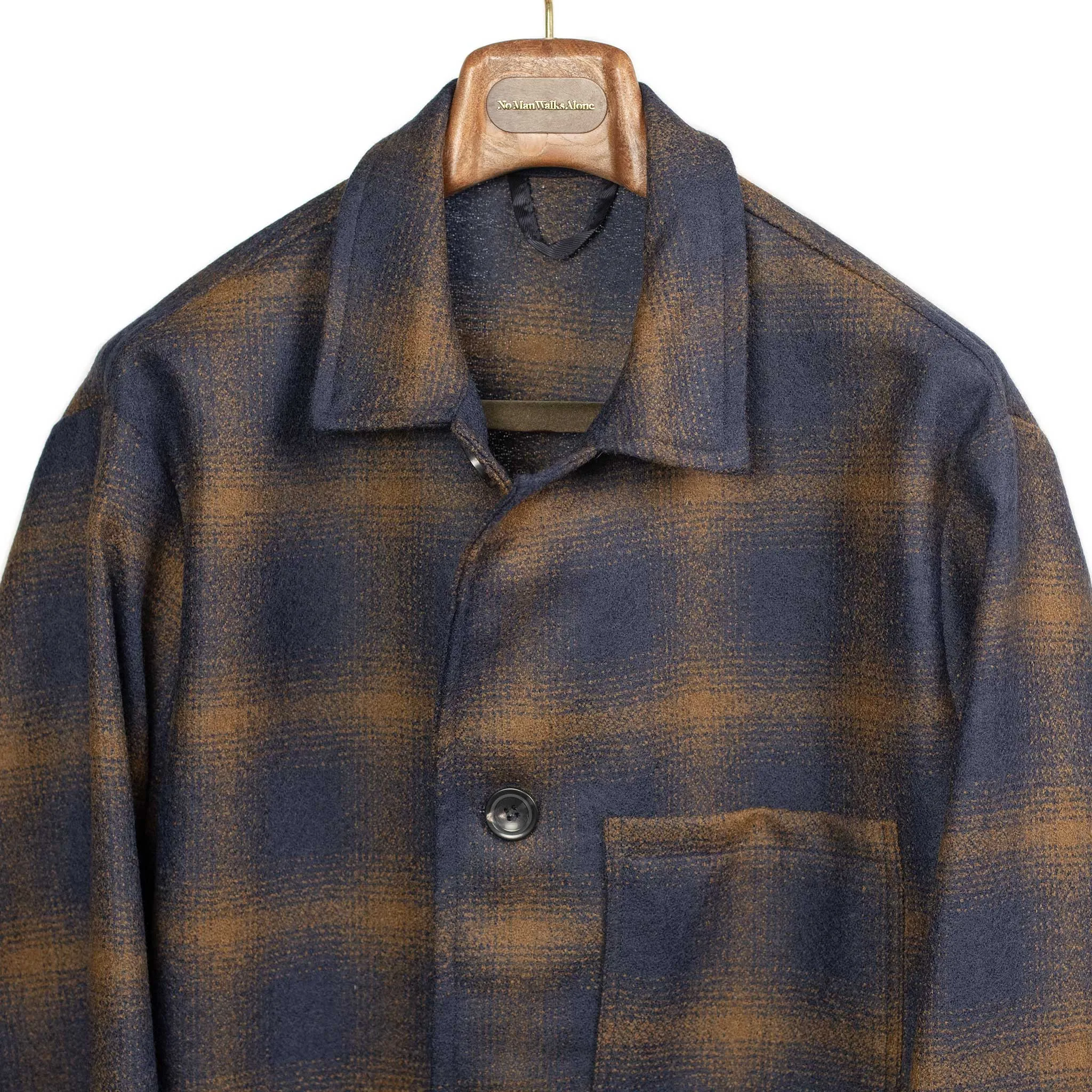 Aasti chore jacket in navy and copper shadow plaid wool