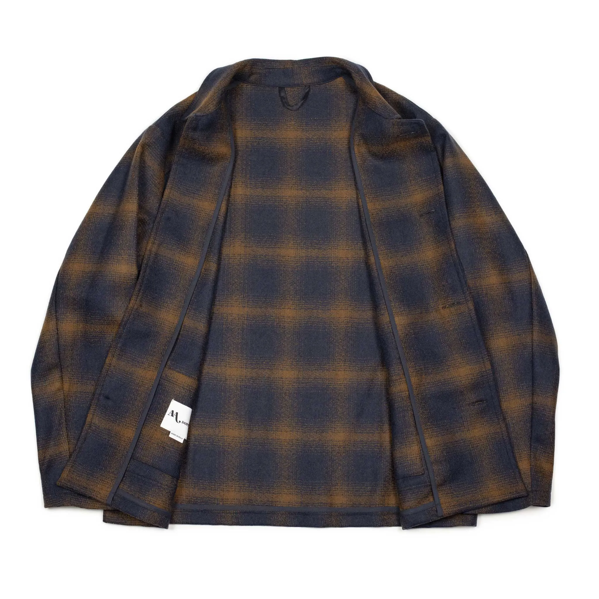 Aasti chore jacket in navy and copper shadow plaid wool