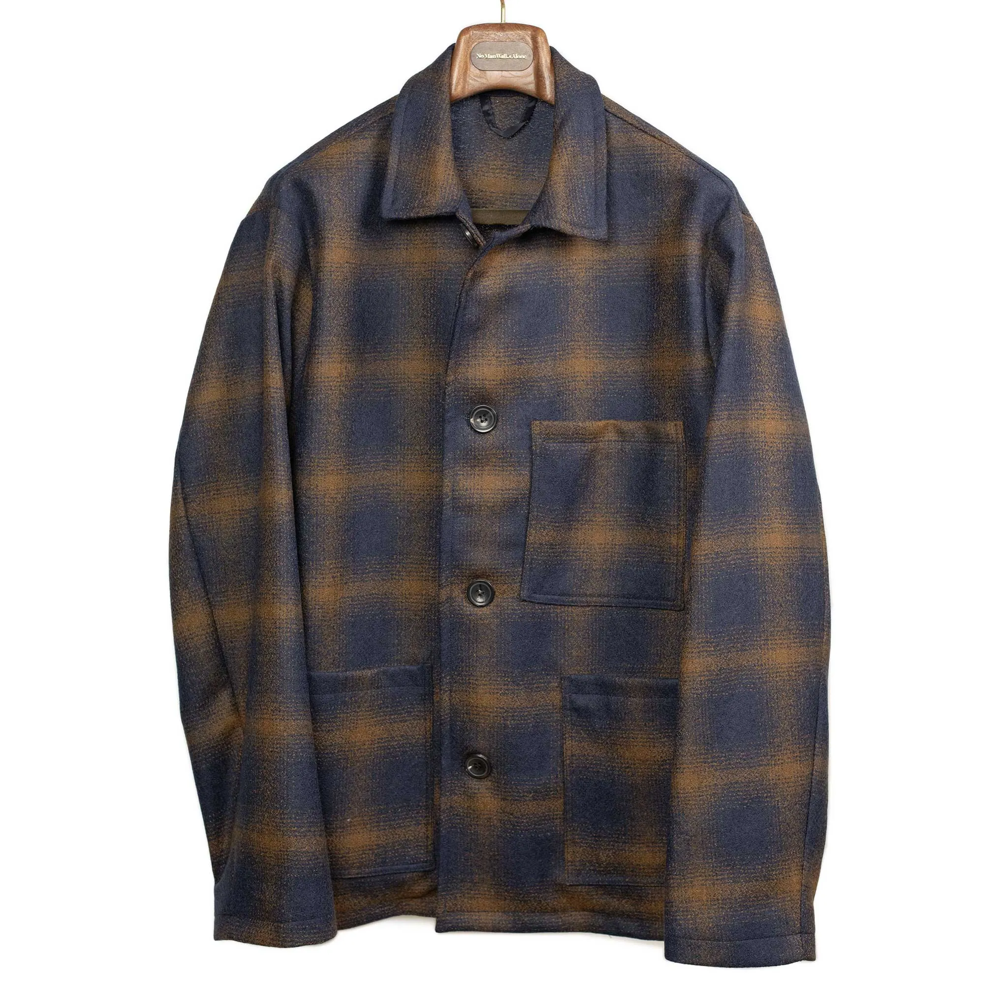 Aasti chore jacket in navy and copper shadow plaid wool