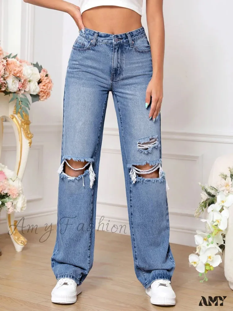 Amy Fashion - Ripped Straight Leg Jeans