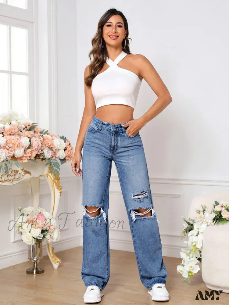 Amy Fashion - Ripped Straight Leg Jeans