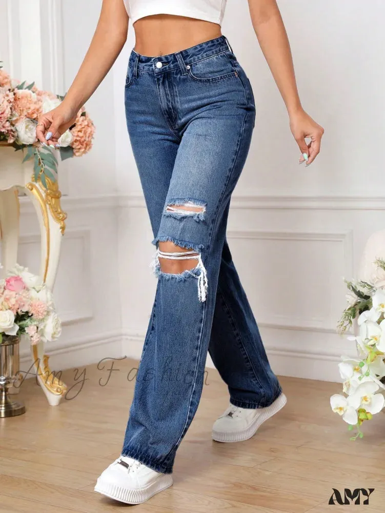 Amy Fashion - Ripped Straight Leg Jeans