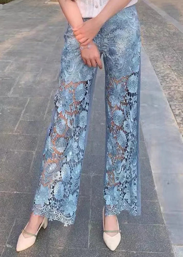 Beautiful Blue Lace Patchwork High Waist Wide Leg Jeans Summer LY7938