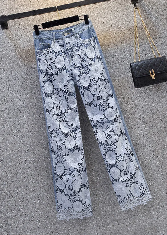 Beautiful Blue Lace Patchwork High Waist Wide Leg Jeans Summer LY7938