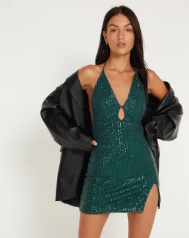 Bernoki Mini Dress in Drape Sequin Forest Green