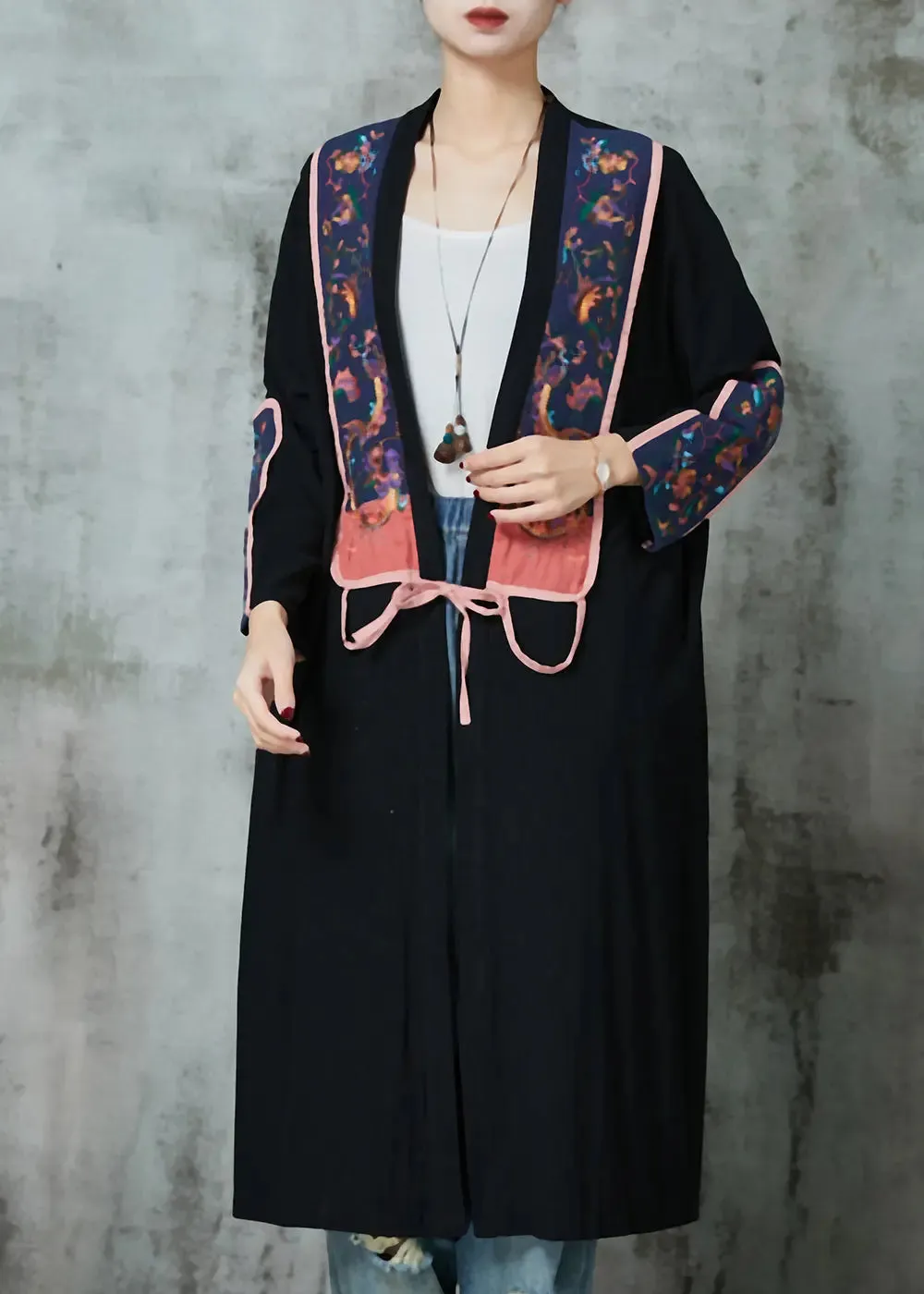 Black Linen Cardigans Embroidered Lace Up Spring JK1037