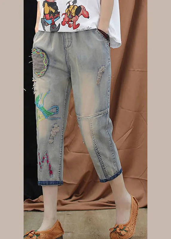 Boutique Blue Embroideried Patchwork Elastic Waist Crop Jeans TY1085