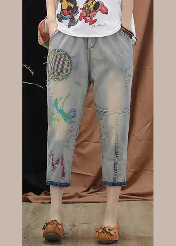 Boutique Blue Embroideried Patchwork Elastic Waist Crop Jeans TY1085