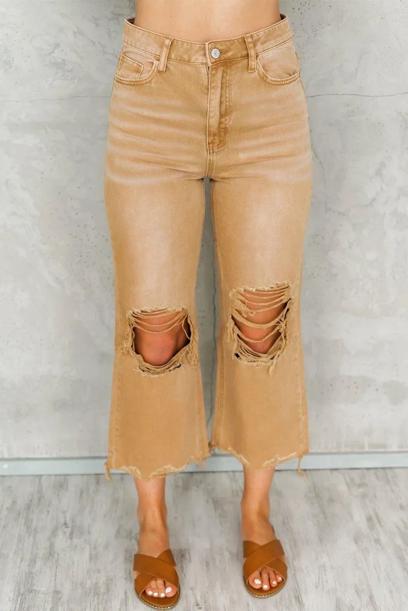 Caramel Distressed High Waist Cropped Flare Denim