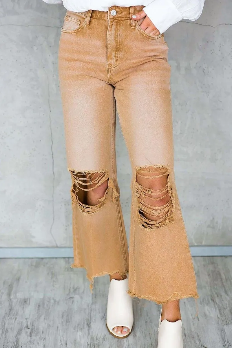 Caramel Distressed High Waist Cropped Flare Denim