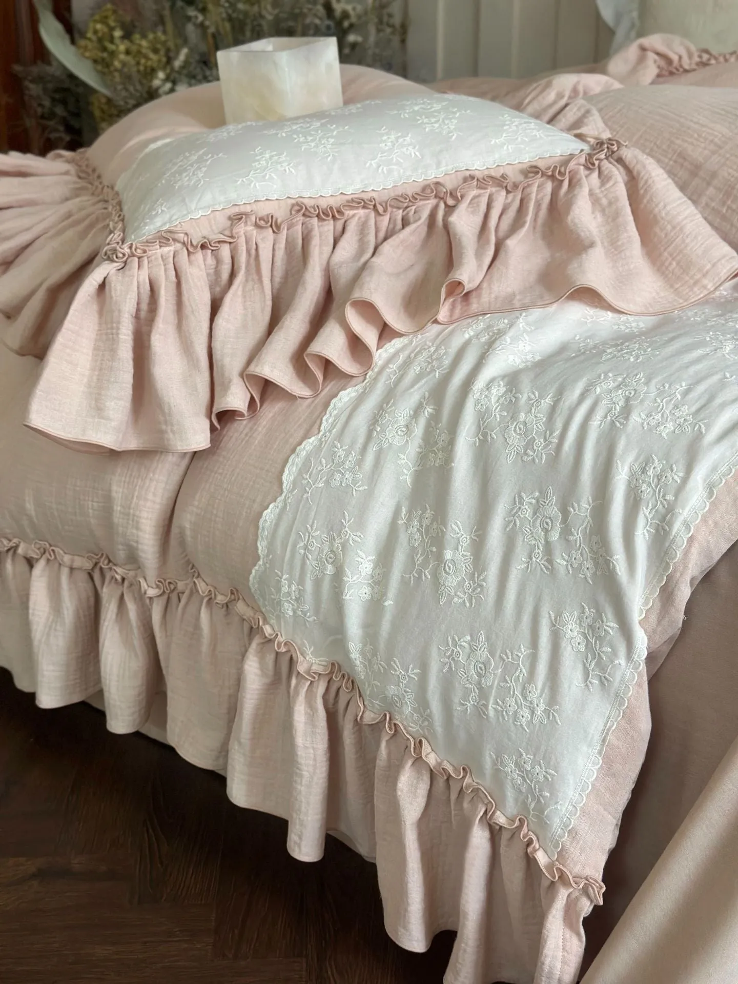 Celeste Soft Lace Embroidered Ruffle Bedding Set / Pink