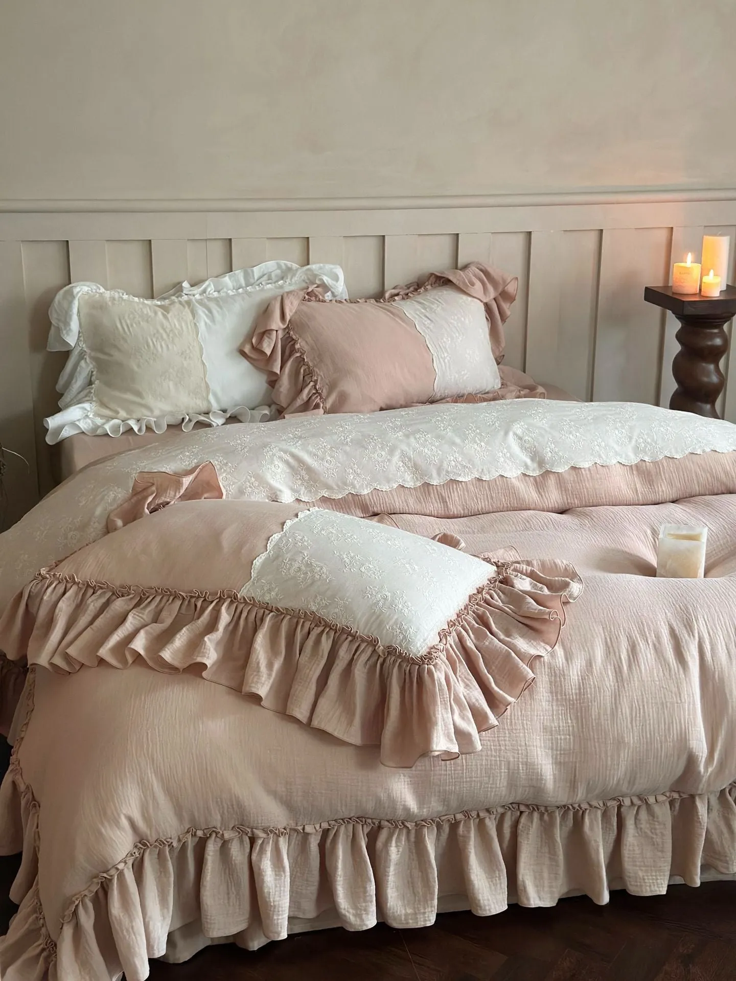 Celeste Soft Lace Embroidered Ruffle Bedding Set / Pink