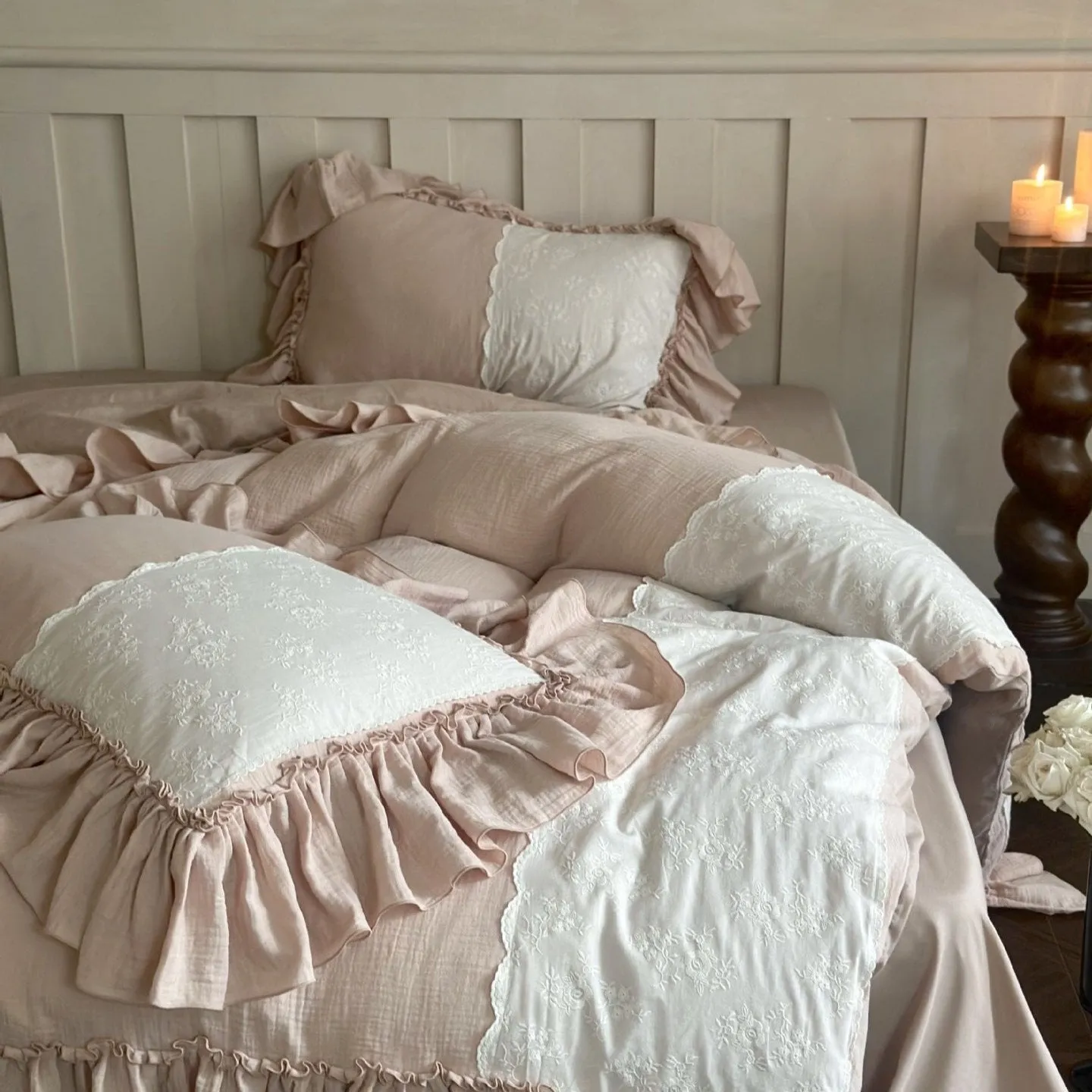 Celeste Soft Lace Embroidered Ruffle Bedding Set / Pink