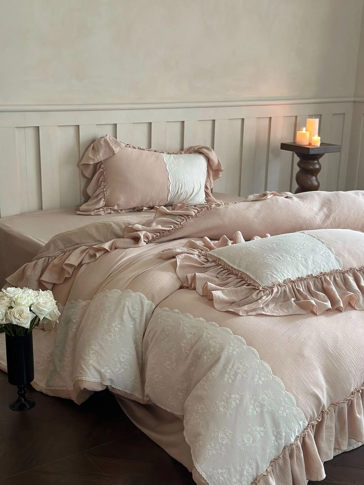 Celeste Soft Lace Embroidered Ruffle Bedding Set / Pink