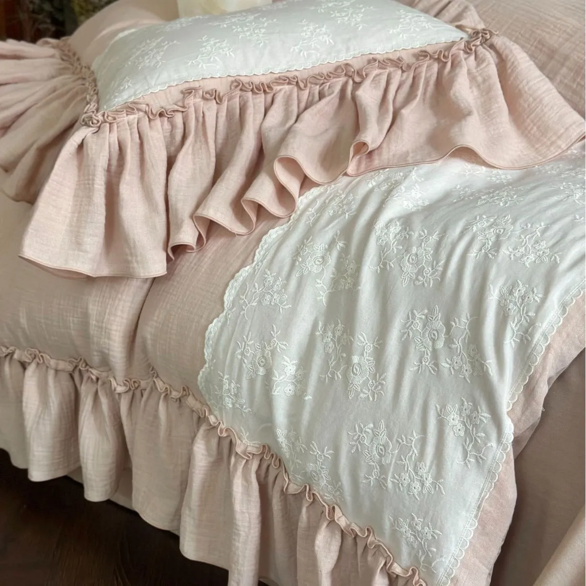 Celeste Soft Lace Embroidered Ruffle Bedding Set / Pink