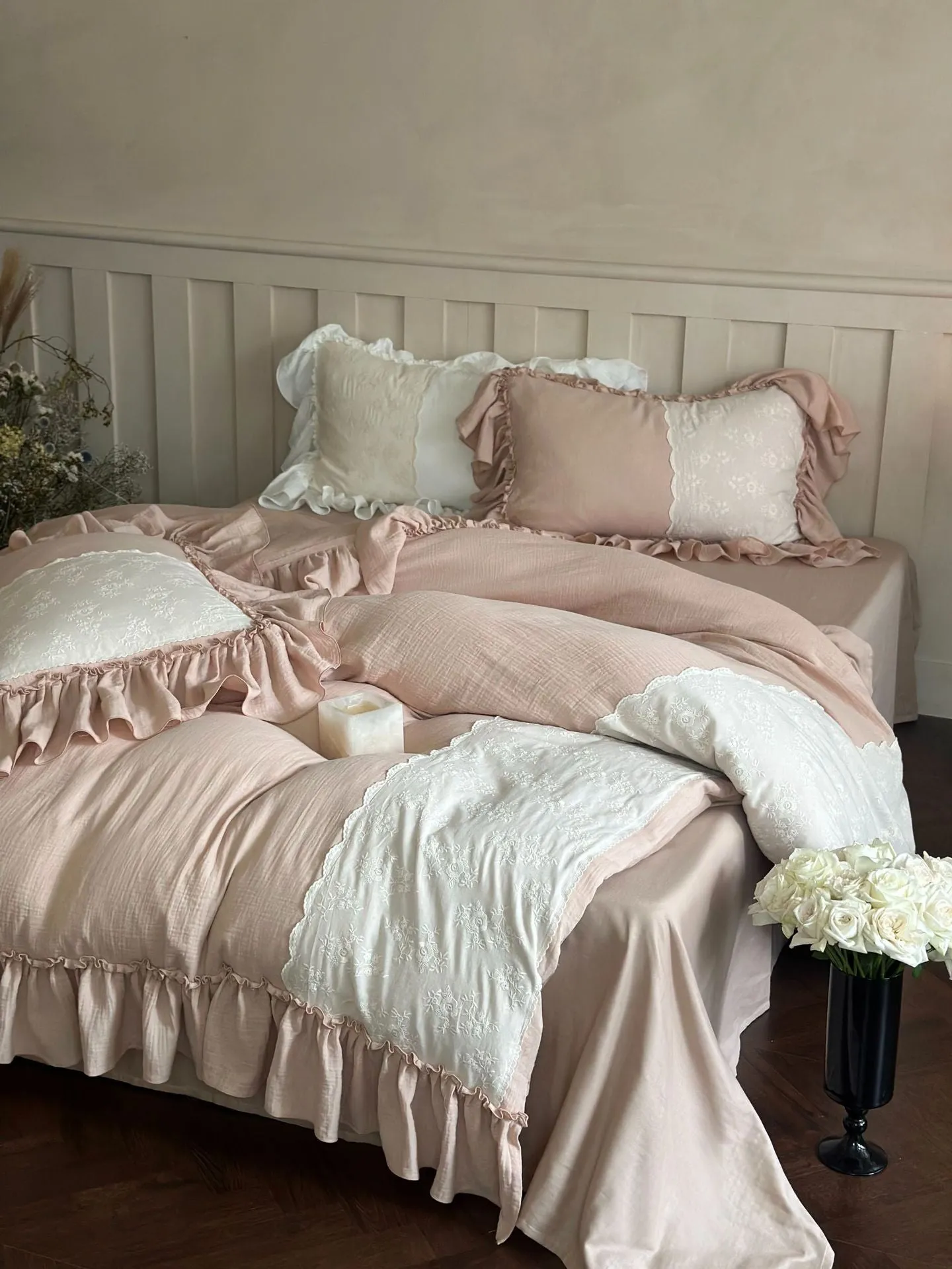 Celeste Soft Lace Embroidered Ruffle Bedding Set / Pink