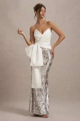 Ceres | Ecru Strapless Draped Maxi Dress With Sequin Skirt