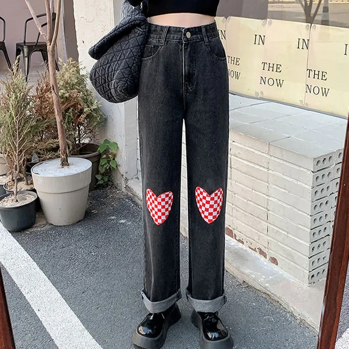 Checker Heart Wide Jeans