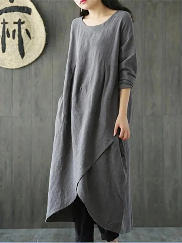 Chic gray cotton linen dress o neck asymmetric Maxi spring Dresses