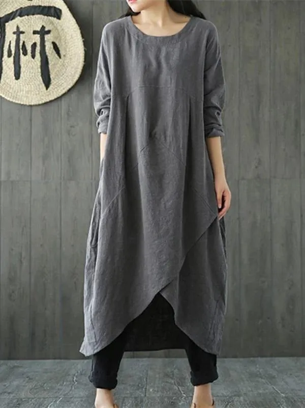 Chic gray cotton linen dress o neck asymmetric Maxi spring Dresses