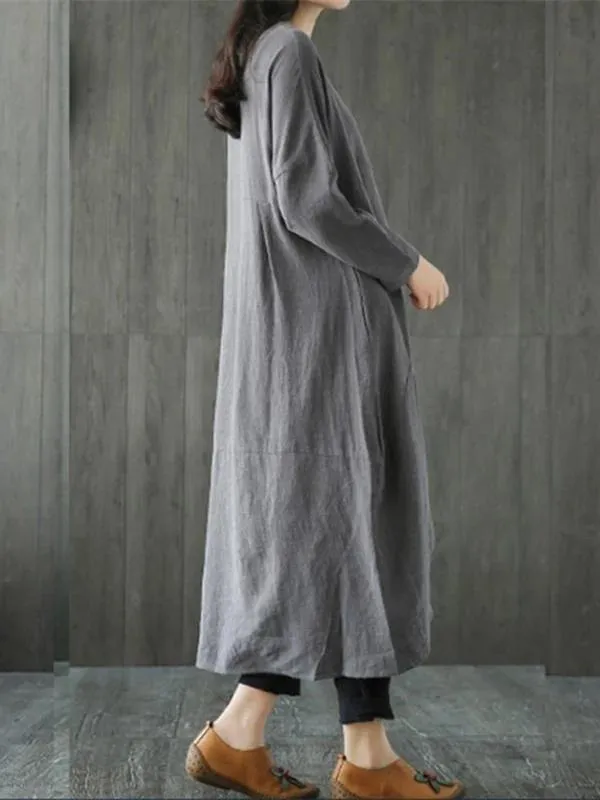 Chic gray cotton linen dress o neck asymmetric Maxi spring Dresses