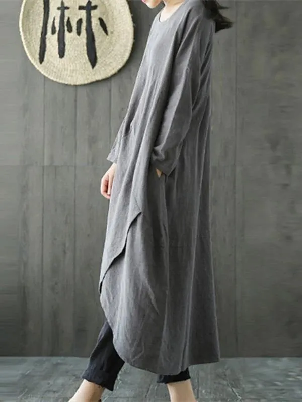 Chic gray cotton linen dress o neck asymmetric Maxi spring Dresses