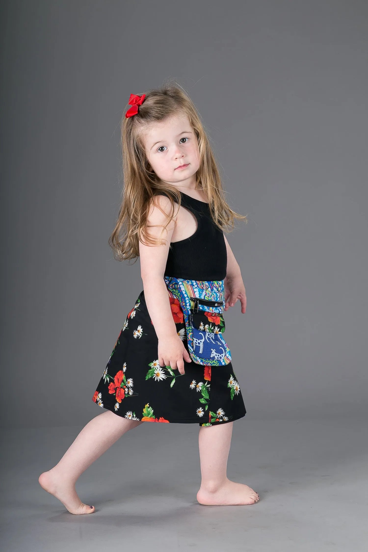 Childrens Reversible Cotton Skirt Blue Dogs Black Floral