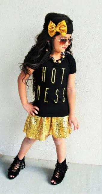 Child's Hot Mess Gold Sequin Skirt Set