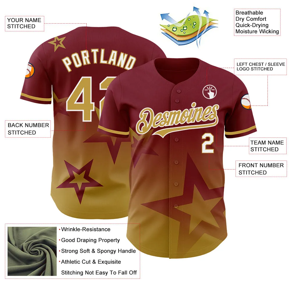 Custom Crimson Old Gold-White 3D Pattern Design Gradient Style Twinkle Star Authentic Baseball Jersey