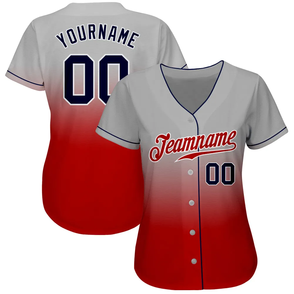 Custom Gray Navy-Red Authentic Fade Fashion Baseball Jersey