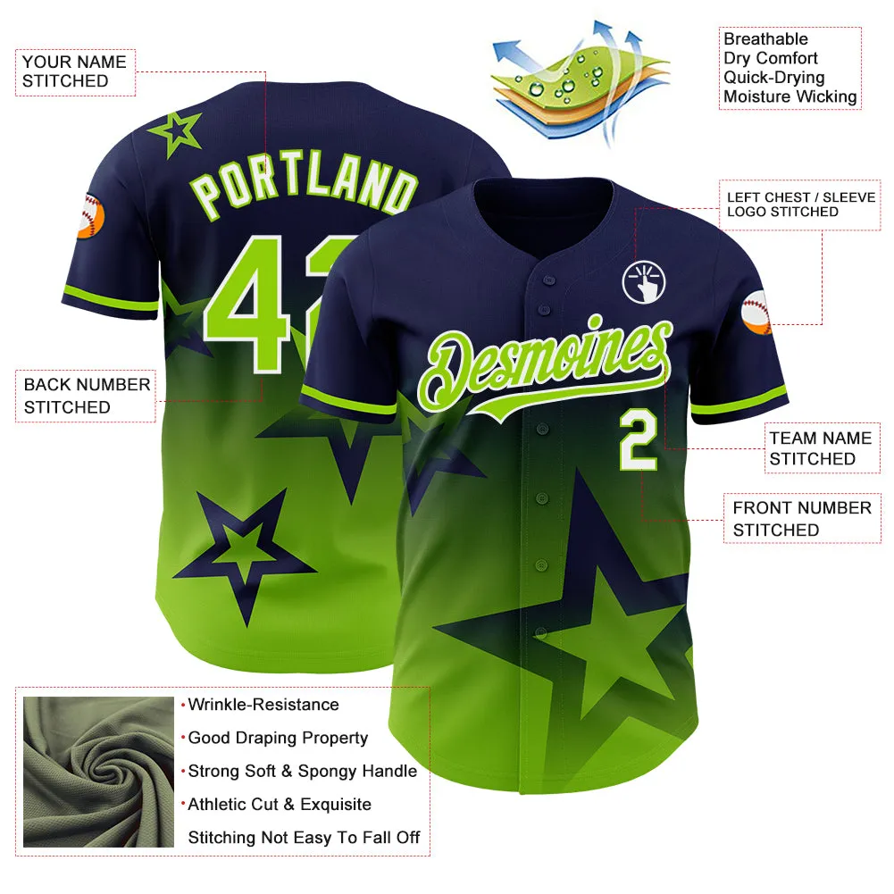 Custom Navy Neon Green-White 3D Pattern Design Gradient Style Twinkle Star Authentic Baseball Jersey