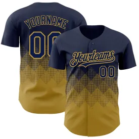 Custom Navy Old Gold 3D Pattern Design Gradient Square Shapes Authentic Baseball Jersey