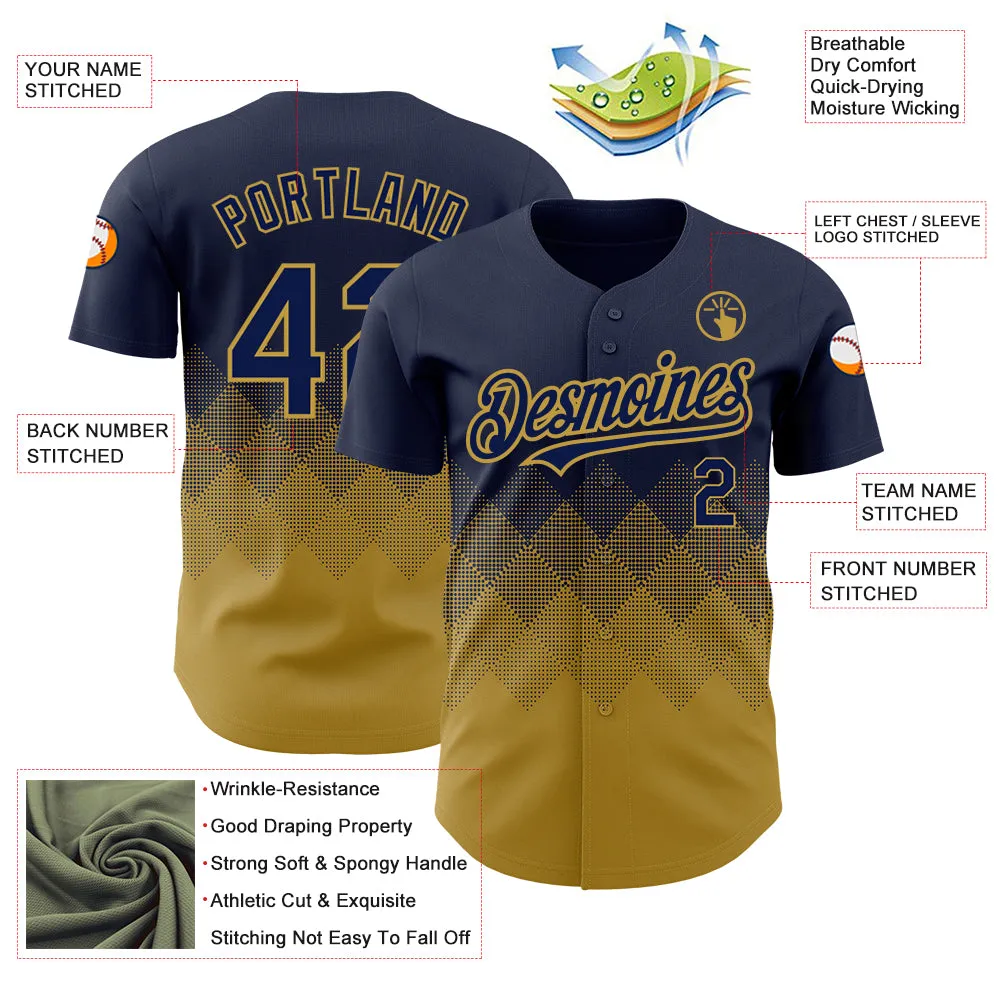 Custom Navy Old Gold 3D Pattern Design Gradient Square Shapes Authentic Baseball Jersey