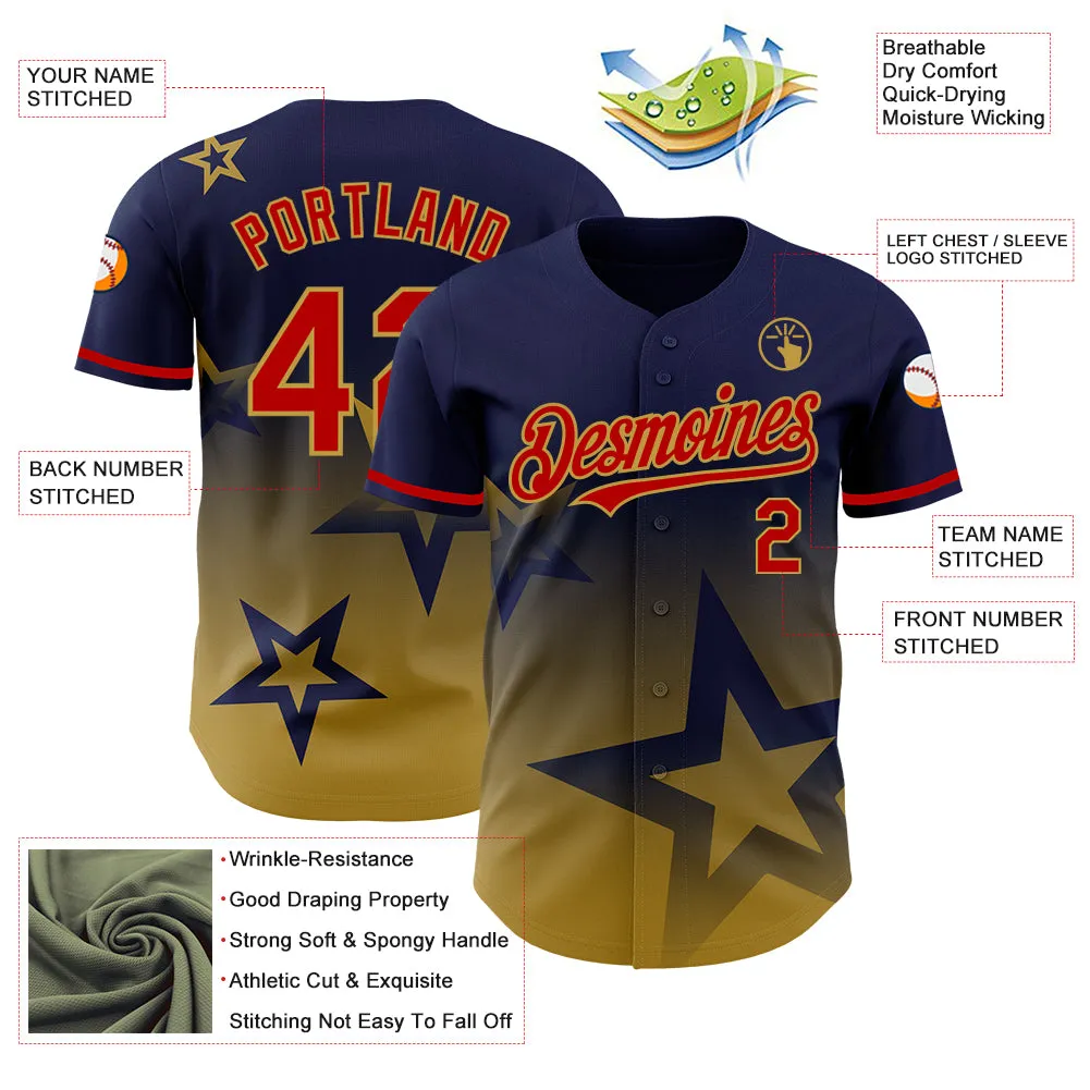 Custom Navy Red-Old Gold 3D Pattern Design Gradient Style Twinkle Star Authentic Baseball Jersey