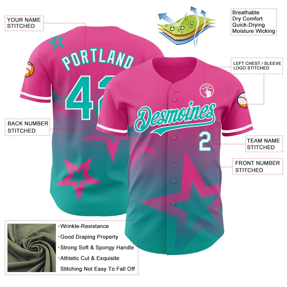 Custom Pink Aqua-White 3D Pattern Design Gradient Style Twinkle Star Authentic Baseball Jersey