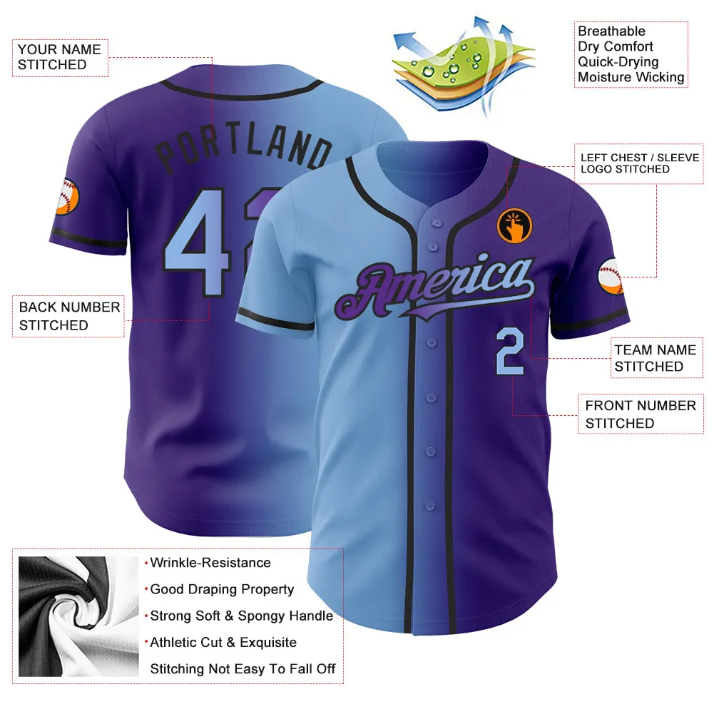 Custom Purple Light Blue-Black Authentic Gradient Fashion Baseball Jersey