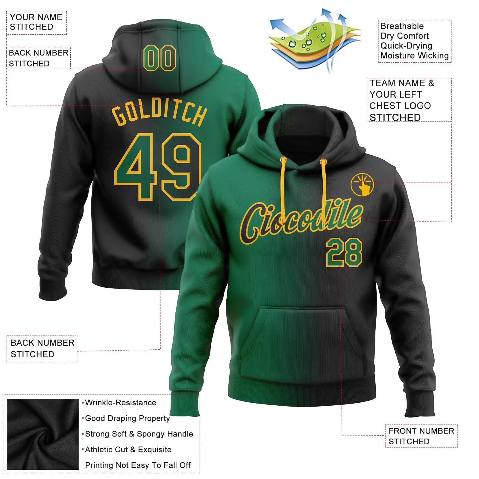 Custom Stitched Black Kelly Green-Gold Gradient Fashion Sports Pullover Sweatshirt Hoodie