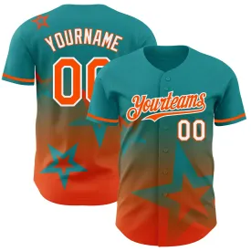 Custom Teal Orange-White 3D Pattern Design Gradient Style Twinkle Star Authentic Baseball Jersey