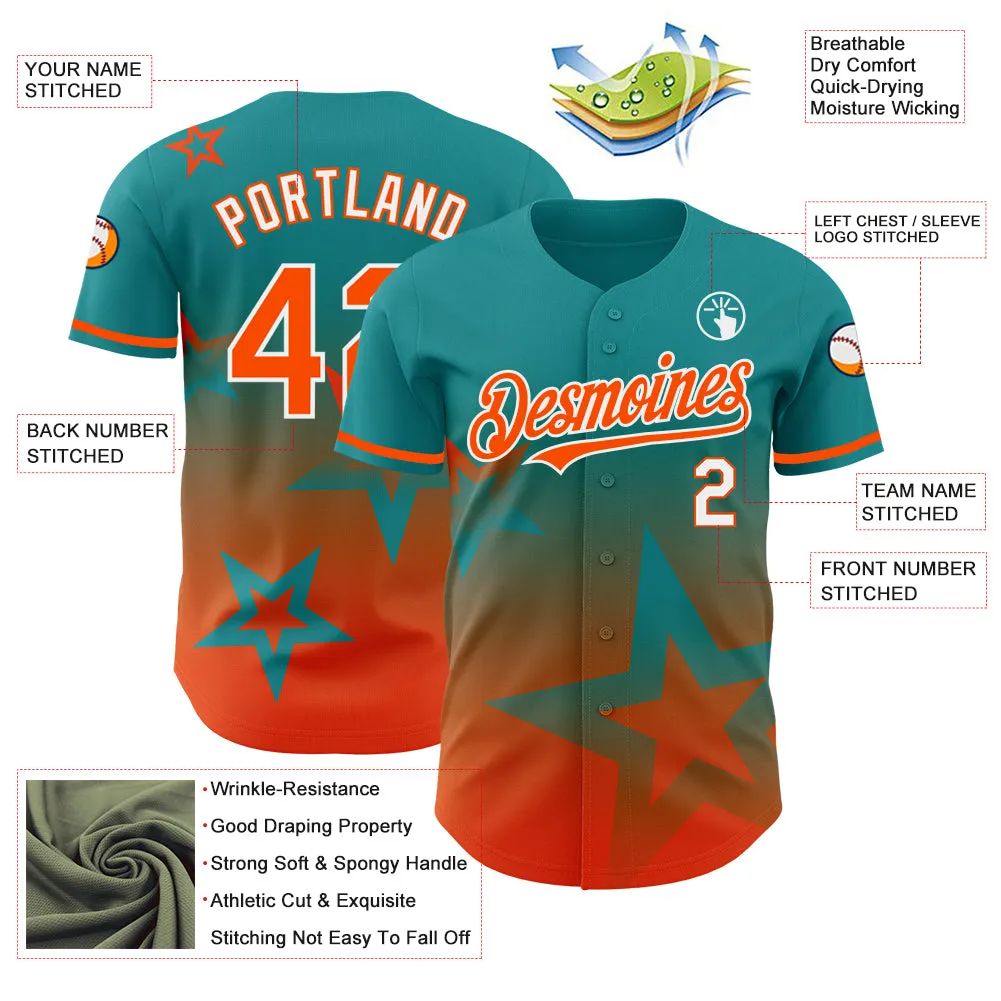 Custom Teal Orange-White 3D Pattern Design Gradient Style Twinkle Star Authentic Baseball Jersey