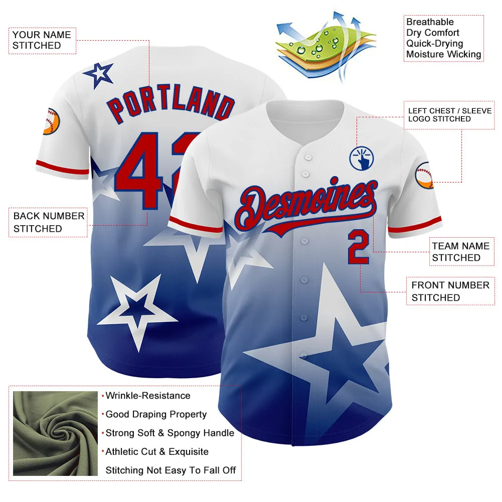 Custom White Red-Royal 3D Pattern Design Gradient Style Twinkle Star Authentic Baseball Jersey