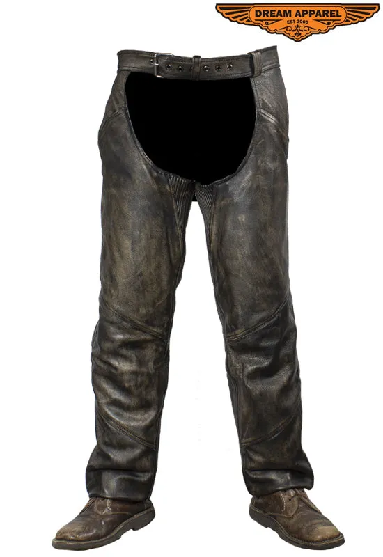 Distressed Brown Leather Motorcycle Chaps With Leather Belt