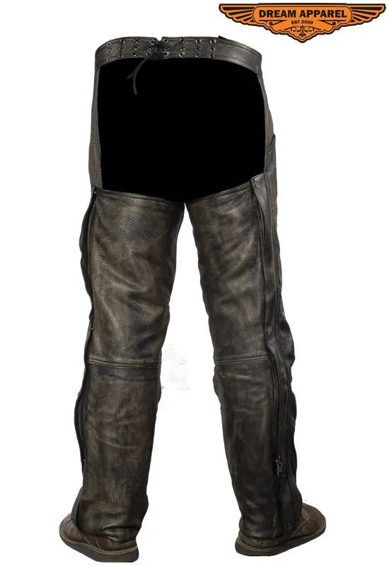 Distressed Brown Leather Motorcycle Chaps With Leather Belt