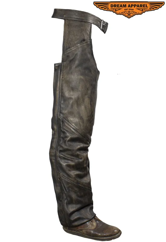 Distressed Brown Leather Motorcycle Chaps With Leather Belt