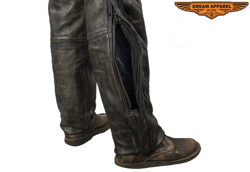 Distressed Brown Leather Motorcycle Chaps With Leather Belt