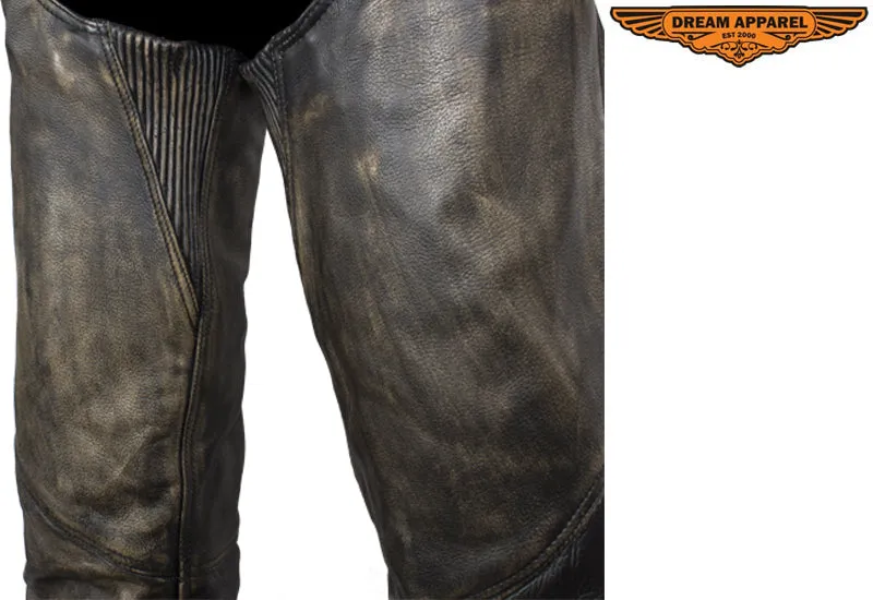 Distressed Brown Leather Motorcycle Chaps With Leather Belt