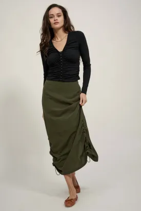 Draw Me In Ruched Drawstring Maxi Skirt