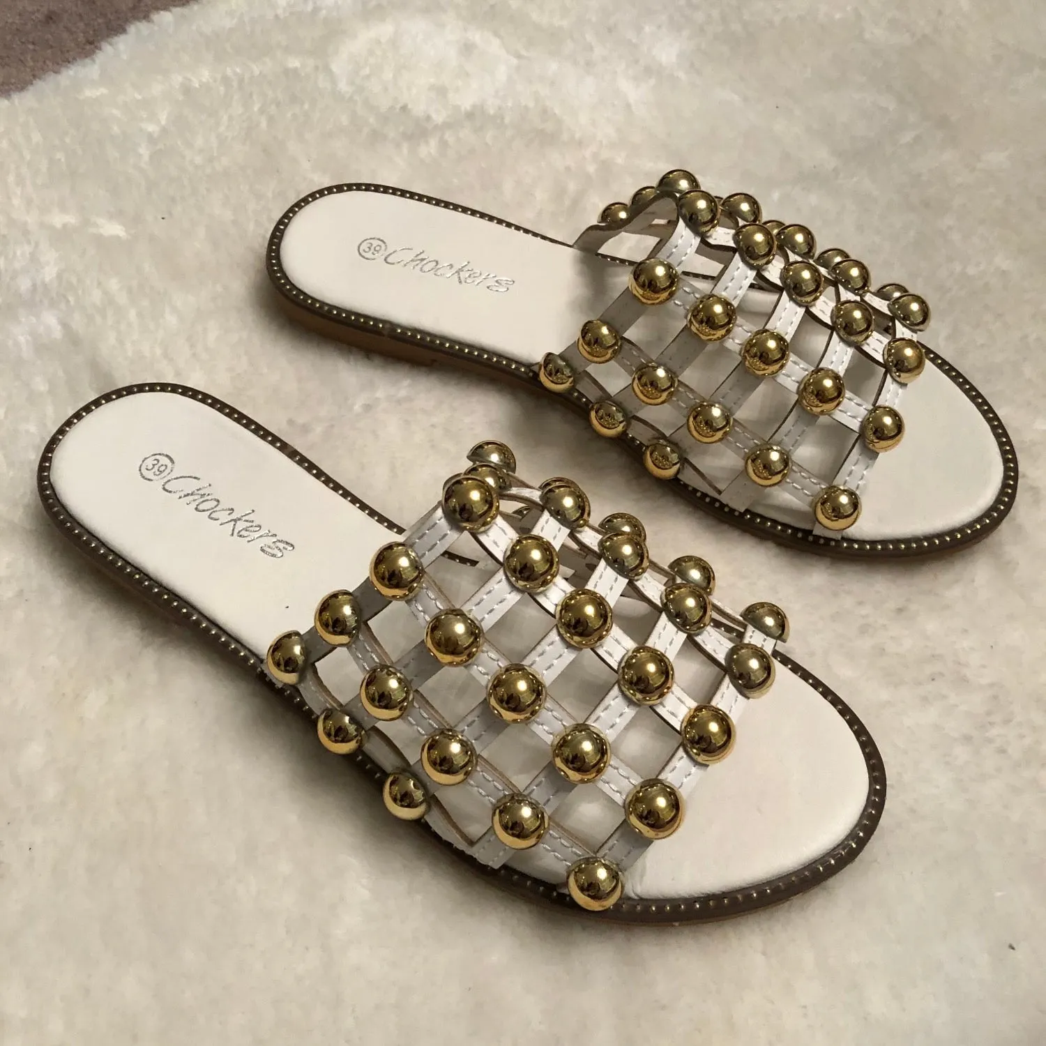 Elouise - White Gold Ball Slider Sandals